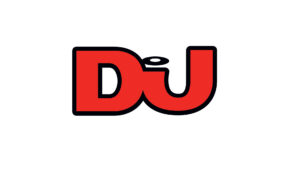 Logo of DJmag in red color with black border