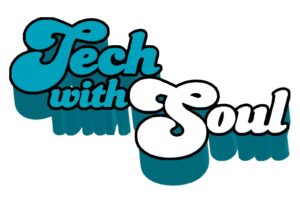 Tech with Soul written in blue and white with a black border